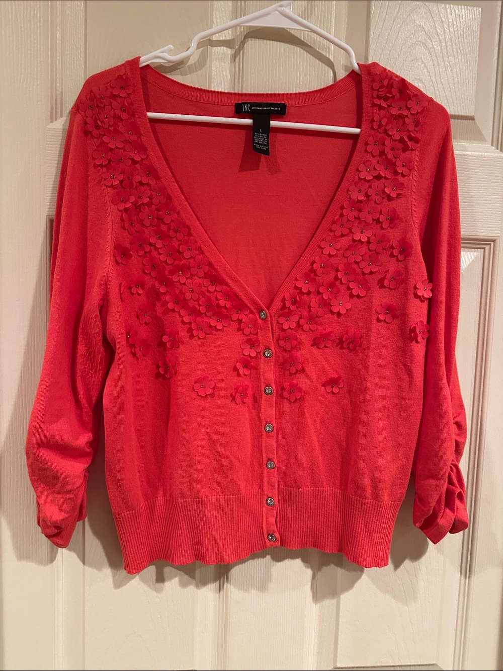 INC International Concepts Bright Coral Floral Appliqué V-Neck Cardigan